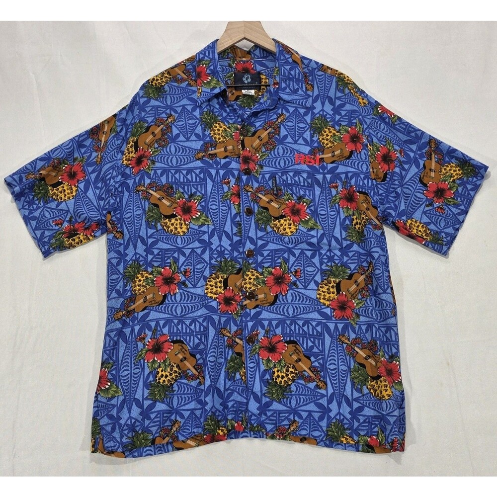 VTG Mango Moon Hawaiian Shirt Mens M Tropical Floral Ukulele Blue Rayon Resort